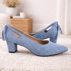 Comfortview Judy Blue Heels 8.5W Wide Block Heel Blue Tassel Pointed Toe
